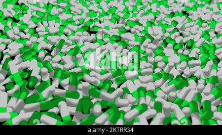 Sfondo nero con un sacco di pillole. Design. Animazione brillante su cui le pillole bianco-verde e rosa-bianco cadono e fluttuano un po '. Alta qualità Foto Stock