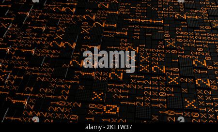 Sfondo con superficie di quadrati e codice. Movimento. Superficie del computer con quadrati e codice matrice. Quadrati con codice matrice e simboli. Foto Stock