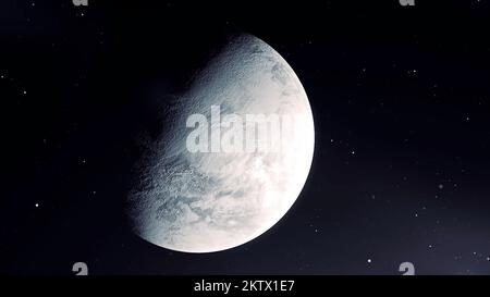 Rotazione della Luna in diverse fasi con superficie dettagliata. Movimento. Spazio esterno sfondo scuro con mezza eclissi della Luna Foto Stock