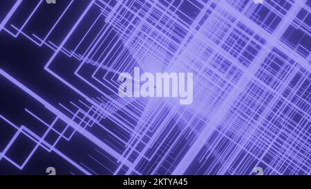 Tunnel al neon di silhouette quadrate giranti su sfondo scuro. Design. Volare all'interno del tunnel digitale a strisce Foto Stock