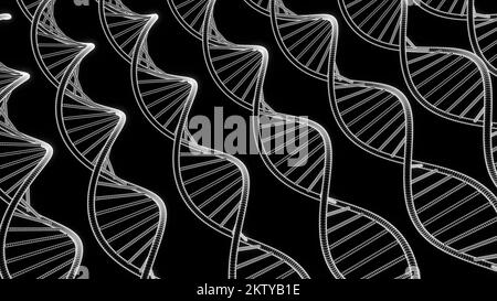 Sfondo scientifico monocromatico astratto con spirali di dna. Design. Spostamento delle strutture del DNA su sfondo nero Foto Stock