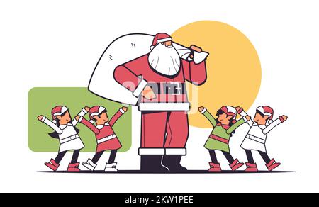 babbo natale in piedi con mix gara elfi in uniforme felice anno nuovo allegro natale festeggiamento cartolina di auguri orizzontale Illustrazione Vettoriale