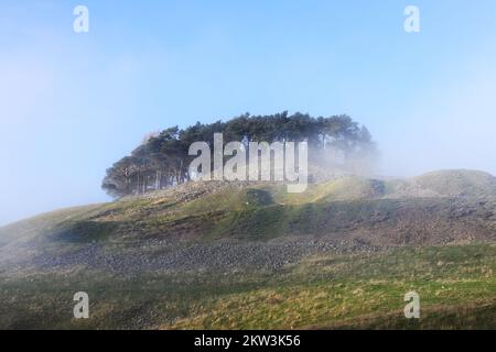 L'Hilltop Tumulus di Kirkcarion circondato da Mist, Lunedale, Teesdale, Contea di Durham, Regno Unito Foto Stock