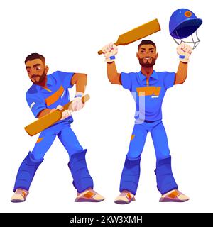 Giocatore battitore con bat, competizione sportiva di cricket, torneo. Personaggio maschile indossare uniforme blu e casco colpire la palla e celebrare la vittoria isolato su sfondo bianco Cartoon vettore illustrazione Illustrazione Vettoriale