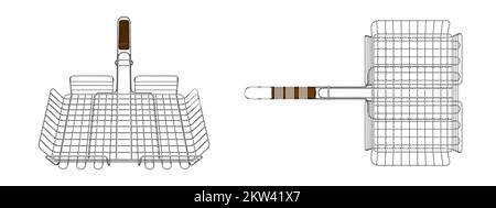 Griglia per barbecue, cesto per grigliate, attrezzature in acciaio per cucinare su braciere o macchina per barbecue vista frontale e dall'alto isolata su sfondo bianco. Strumento da picnic con manico in legno, rappresentazione realistica del vettore 3D Illustrazione Vettoriale