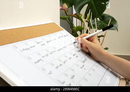 Scrittura a mano femminile con marker su Monthly PLANNER riempita di appuntamenti e piani per il mese prossimo. Pianificazione mese intenso. Scheda magnetica con i giorni del mese. Luogo per inserire il programma delle questioni importanti. Concetto di business planning. Whiteboard Planner modello mensile magnetico. Interno del posto di lavoro di freelancer Foto Stock