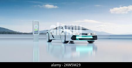 Ricarica per auto EV con moderna stazione di ricarica con display delle informazioni di controllo dell'interfaccia utente. Futuro della mobilità e concetto di energia sostenibile alternativa. 3d ren Foto Stock