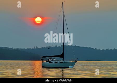 Una barca a vela ormeggiata sotto un cielo pieno di fumo dai fuochi selvatici della British Columbia al largo della costa dell'Isola di Vancouver Foto Stock