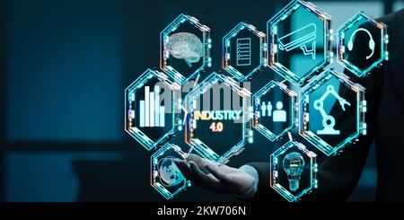 Manager ingegnere industriale che utilizza il cloud computing intelligente. Concetto di impresa e di industria 4,0. Rendering 3D Foto Stock