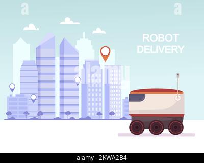 Servizio di consegna corriere senza contatto per gli acquisti. Robot corriere sullo sfondo della mappa stradale della città. Tecnologia moderna. Concetto di servizio online Illustrazione Vettoriale