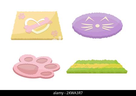 Tappeti in PET isolati su sfondo bianco. Collezione di cartoni animati vettoriali di soffici tappeti per animali Illustrazione Vettoriale