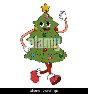 Albero di Natale divertente retro comico di Natale carattere, le mani gloved Illustrazione Vettoriale