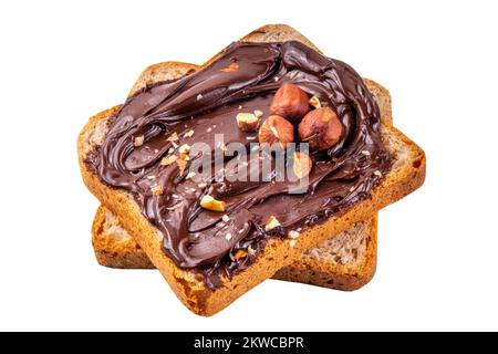 Pane con crema di pasta di nocciole al cioccolato isolato su fondo bianco. Panini con guarnizione di noce al cioccolato Foto Stock