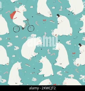 Modello senza cuciture con orsi polari carini e conigli che godono l'inverno Illustrazione Vettoriale