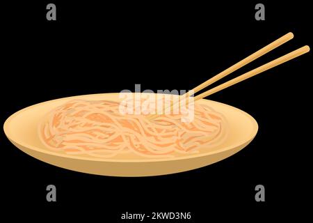 Spaghetti al wok in un piatto di bambù con bacchette su sfondo nero. Immagine vettoriale. Illustrazione Vettoriale