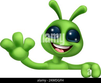 Alieno cute Little Green Man Martian Cartoon Mascot Illustrazione Vettoriale