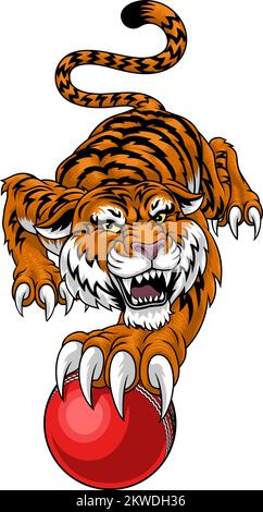 Tiger Cricket Ball Animal Sports Team Mascot Illustrazione Vettoriale