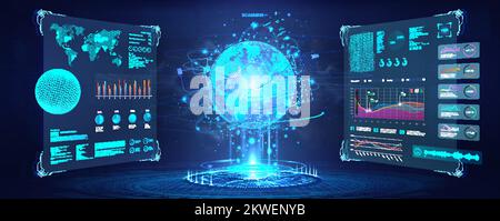 Cyberspazio futuristico con elementi dashboard HUD. 3D ologramma del globo terrestre Illustrazione Vettoriale
