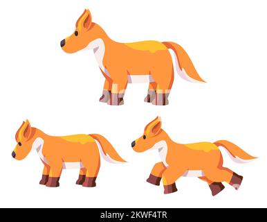 Wolf volpe carino disegno illustrazione set collezione di running in piedi arancione coda di pelliccia cane Illustrazione Vettoriale