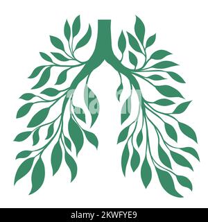 Vector logo polmoni umani da foglie e rami. Aria pulita e naturale. Salvare la terra e l'ambiente. Silhouette di organo umano sano Illustrazione Vettoriale
