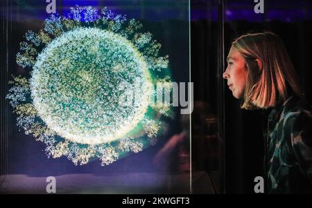 Londra, Regno Unito. 30th Nov 2022. Il personale del museo posa con il lavoro dell'artista Angela Palmer '2020: La sfera che ha cambiato il mondo', una scultura della complessa struttura del virus. Iniettando speranza: La corsa per un vaccino COVID-19 esplora lo sforzo mondiale di sviluppare vaccini a velocità pandemica in una mostra gratuita presso il Museo della Scienza. Mira a rendere visibile l'invisibile, dall'esame del virus stesso alla scoperta del lavoro che ha reso possibili i vaccini. Credit: Imageplotter/Alamy Live News Foto Stock