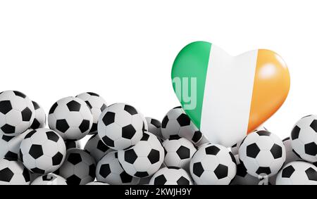 Irlanda bandiera cuore con uno sfondo palla di calcio. Banner di calcio. Rendering 3D Foto Stock