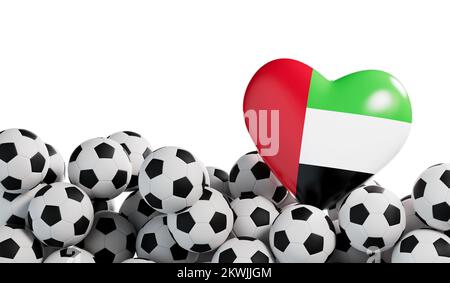 UAE bandiera cuore con uno sfondo palla di calcio. Banner di calcio. Rendering 3D Foto Stock