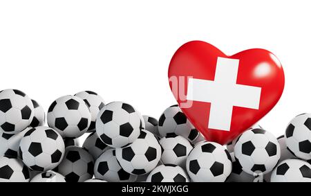 Bandiera svizzera cuore con uno sfondo palla di calcio. Banner di calcio. Rendering 3D Foto Stock