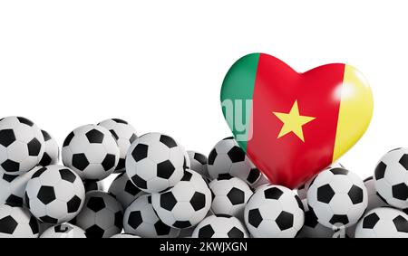 Camerun bandiera cuore con uno sfondo palla di calcio. Banner di calcio. Rendering 3D Foto Stock