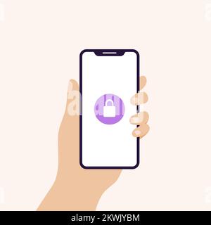 Mano che tiene il banner dello smartphone in posizione verticale. Schermo con lucchetto chiuso. Concetto di sicurezza informatica, password, privacy. Illustrazione vettoriale, f Illustrazione Vettoriale