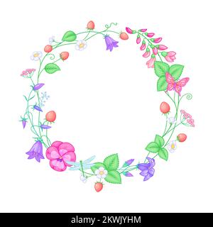 Bella corona di fiori d'estate con fiori e bacche. Illustrazione vettoriale isolata su sfondo bianco. Illustrazione Vettoriale