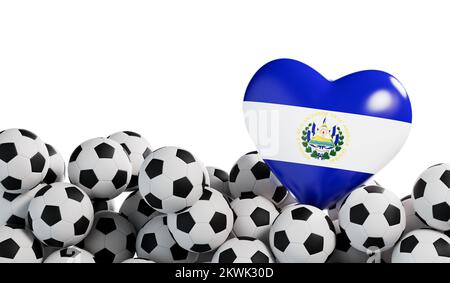 El Salvador bandiera cuore con uno sfondo palla di calcio. Banner di calcio. Rendering 3D Foto Stock