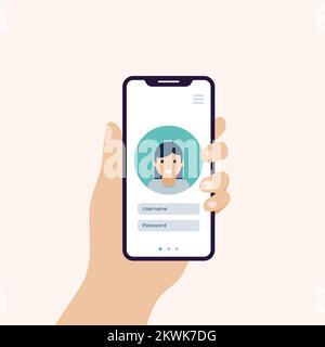 Mano che tiene il banner dello smartphone in posizione verticale. Schermo con pagina di accesso e profilo della donna. Illustrazione vettoriale, design piatto Illustrazione Vettoriale