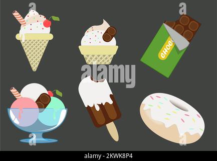 Diversi dolci gelato in palline e in ciambella di cioccolato a cono Illustrazione Vettoriale