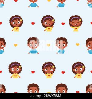 Modello per bambini senza cuciture. Cute black boy e ragazza in stile cartone animato piatto con emozioni diverse - gioia, felicità, rabbia e lacrime sul dorso azzurro Illustrazione Vettoriale