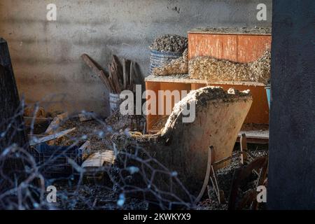 Escrementi di uccelli su mobili desolati in un ex minatore casa, Mazarron, Spagna Foto Stock