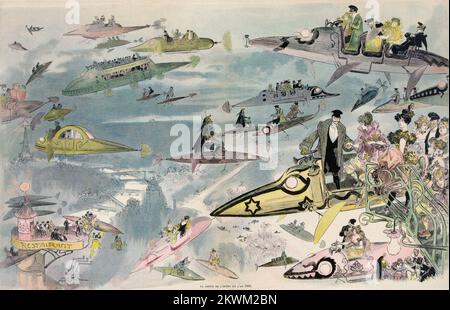 Una notte all'opera nell'anno 2000, cartone animato da Albert Robida visione futuristica di viaggio aereo su Parigi come la gente lascia l'Opera. Molti tipi di aerei sono raffigurati tra cui autobus e limousine, polizia pattugliamento del cielo, e le donne sono viste alla guida del proprio aereo. Dalla serie France en l'an 2000 France in the Year 2000 (XXI secolo) una serie di immagini futuristiche di Jean-Marc Côté e di altri artisti pubblicati in Francia nel 1899, 1900, 1901 e 1910. Originariamente sotto forma di carte racchiuse in scatole di sigarette/sigari e, più tardi, come cartoline, le immagini raffiguravano il mondo come io Foto Stock