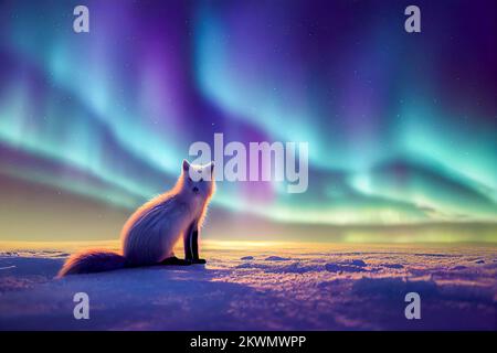 Panorama Arctic Fox seduta in artico con illustrazione aurora borealis Foto Stock