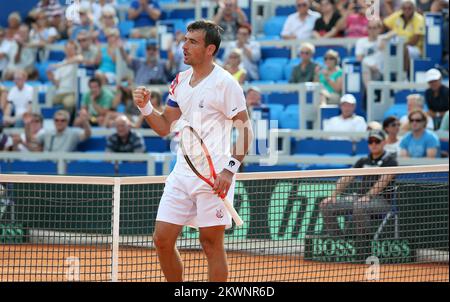 13.09.2013., Stadio Stella Maris, Umago - Coppa Davis di BNP Paribas World Group play-off, Croazia - Gran Bretagna, Ivan Dodig - Daniel Evans. Ivan Dodig festeggia dopo aver sconfitto Evans Foto: Sanjin Strukic/PIXSELL Foto Stock