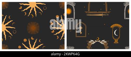 Illustrazione astratta vettoriale modelli senza cuciture con magiche fasi lunari celesti, mezzaluna, sole, stelle, forme astrologiche mistiche e semplici. Notte Illustrazione Vettoriale