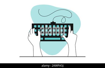 Illustrazione del concetto vettoriale della tastiera con le mani. Lavoro aziendale su computer da ufficio e personale che utilizza pc. Area di lavoro e tipo di rete conte Illustrazione Vettoriale