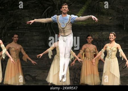 30.01.2014., Osijek, Croazia - il Balletto Imperiale Russo è dovuto alla sua eleganza e raffinatezza ed è rimasto uno dei simboli più importanti della Russia. Oggi, il Balletto Mariinsky è ampiamente riconosciuto come una delle più importanti società di balletti del mondo. L'ensemble è stato formato dai più grandi ballerini del mondo di tutti i tempi: May Plisetzkaja. A Osijek era venuto con la sua rappresentazione fenomenale del lago di Swan, dove come solisti si esibiscono Seveliova Lina e Nariman Bekzhanov. Foto: Davor Javorovic/PIXSELL Foto Stock