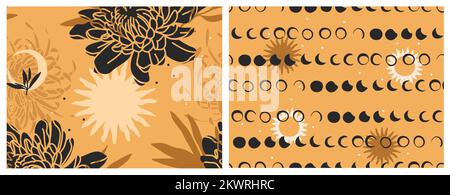 Illustrazione astratta vettoriale modelli senza cuciture con magiche fasi lunari celesti, mezzaluna, sole, stelle, forme astrologiche mistiche e semplici. Notte Illustrazione Vettoriale