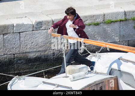 Shah Rukh Khan sta girando una scena del suo nuovo film Fan nella città vecchia di Dubrovnik, Croazia il 19 marzo 2015. Shah Rukh Khan è il più famoso attore di Bollywod e secondo nel più alto attori pagati nella lista del mondo. Foto Stock