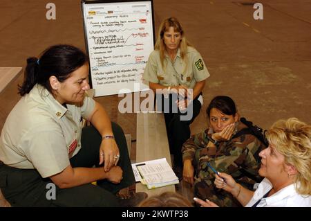 Hurricane Wilma, Homestead, FL, 30 ottobre 2005 i membri del team Incident Command discutono delle operazioni presso la base dell'aeronautica militare Homestead, che viene utilizzata come area di messa in scena delle operazioni per la distribuzione di acqua e ghiaccio nelle aree colpite dall'uragano Wilma. Jocelyn Augustno/FEMA.. Fotografie relative a disastri e programmi, attività e funzionari di gestione delle emergenze Foto Stock