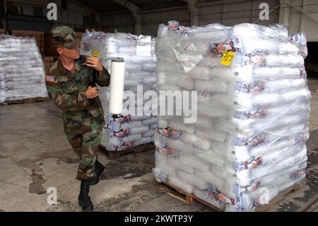 L'uragano Wilma, Homestead, FL, 30 ottobre 2005 il guardiere nazionale Steven Laughlin, di Ocala, avvolge pallet di ghiaccio in un appendiabiti presso la base dell'aeronautica che viene utilizzata come area di sosta per la distribuzione di acqua e ghiaccio per le aree colpite dall'uragano Wilma. Jocelyn Augustno/FEMA.. Fotografie relative a disastri e programmi, attività e funzionari di gestione delle emergenze Foto Stock