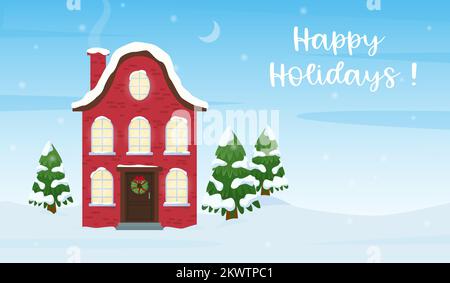Inverno paesaggio innevato con casa di campagna. Buone vacanze. Illustrazione vettoriale in stile cartoon piatto Illustrazione Vettoriale