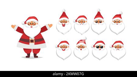 Emoji set di testa di Babbo Natale con emozioni diverse, arrabbiato, sorpreso, felice, carino. Vector natale set per il design isolato su sfondo bianco Illustrazione Vettoriale