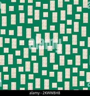Rettangoli e quadrati geometrici bianchi su sfondo verde. Motivo senza cuciture con texture grunge forme geometriche. Modello semplice e moderno. Foto Stock