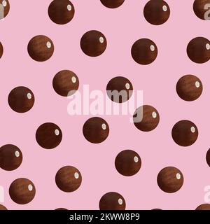 Immagine raster di palline di cartoni animati disegnati a mano. Motivo senza cuciture con texture di tè al latte a bolle su sfondo rosa. Foto Stock